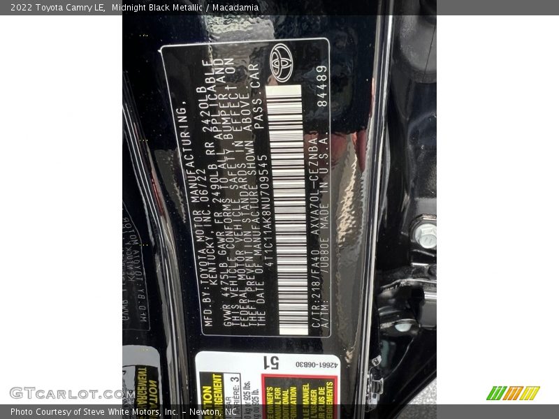 2022 Camry LE Midnight Black Metallic Color Code 218