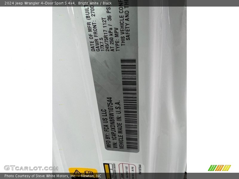 Bright White / Black 2024 Jeep Wrangler 4-Door Sport S 4x4