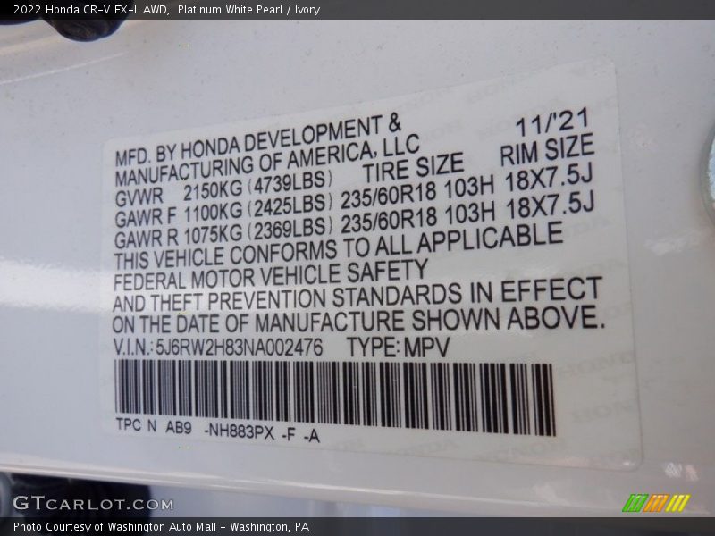 Platinum White Pearl / Ivory 2022 Honda CR-V EX-L AWD