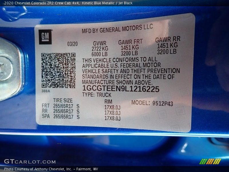 Kinetic Blue Metallic / Jet Black 2020 Chevrolet Colorado ZR2 Crew Cab 4x4