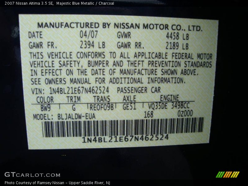Majestic Blue Metallic / Charcoal 2007 Nissan Altima 3.5 SE