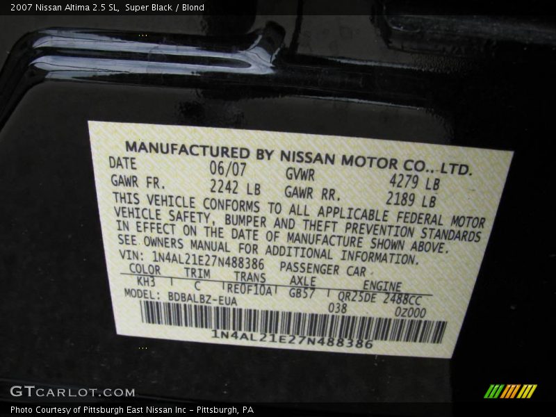 Super Black / Blond 2007 Nissan Altima 2.5 SL