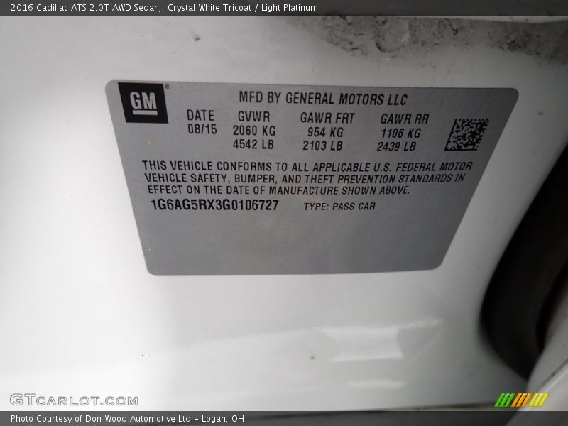 Crystal White Tricoat / Light Platinum 2016 Cadillac ATS 2.0T AWD Sedan