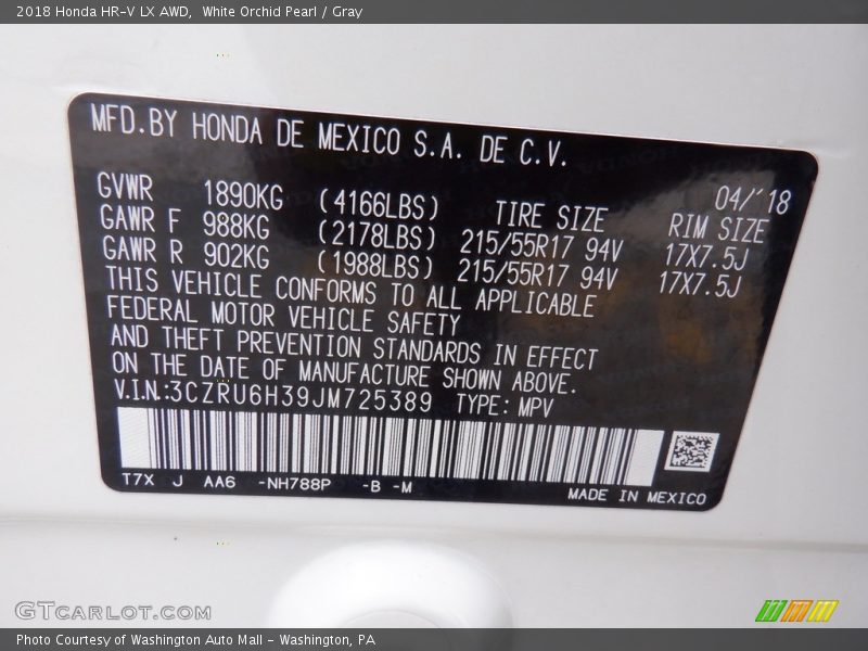 White Orchid Pearl / Gray 2018 Honda HR-V LX AWD
