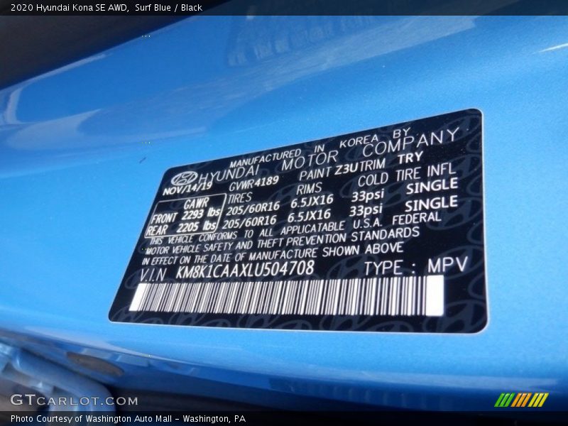 2020 Kona SE AWD Surf Blue Color Code Z3U