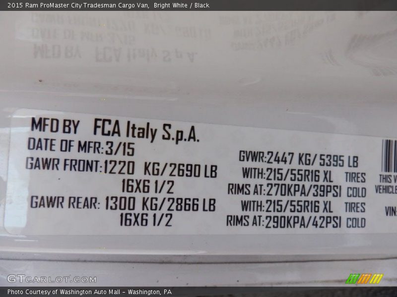 Bright White / Black 2015 Ram ProMaster City Tradesman Cargo Van