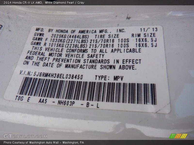 White Diamond Pearl / Gray 2014 Honda CR-V LX AWD
