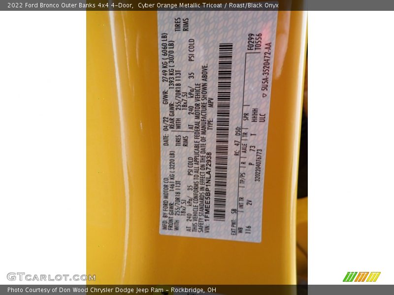 2022 Bronco Outer Banks 4x4 4-Door Cyber Orange Metallic Tricoat Color Code SB