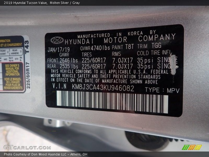Molten Silver / Gray 2019 Hyundai Tucson Value