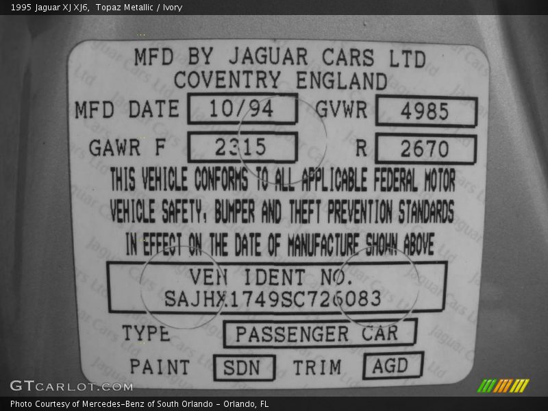 Topaz Metallic / Ivory 1995 Jaguar XJ XJ6