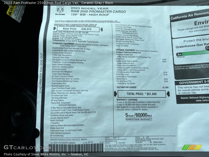  2023 ProMaster 2500 High Roof Cargo Van Window Sticker