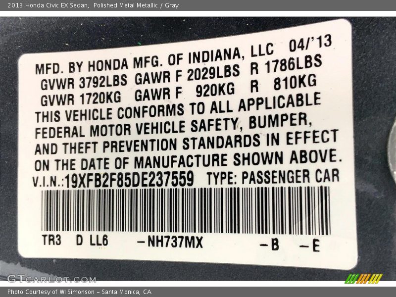 Polished Metal Metallic / Gray 2013 Honda Civic EX Sedan