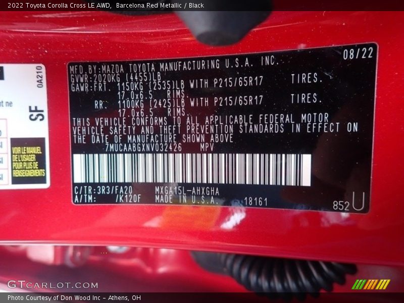 2022 Corolla Cross LE AWD Barcelona Red Metallic Color Code 3R3