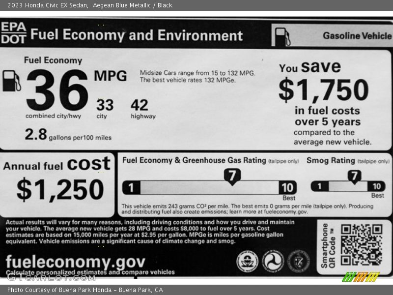 Aegean Blue Metallic / Black 2023 Honda Civic EX Sedan