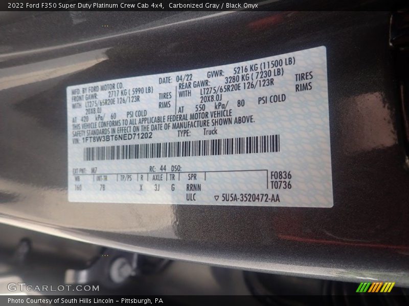 2022 F350 Super Duty Platinum Crew Cab 4x4 Carbonized Gray Color Code M7