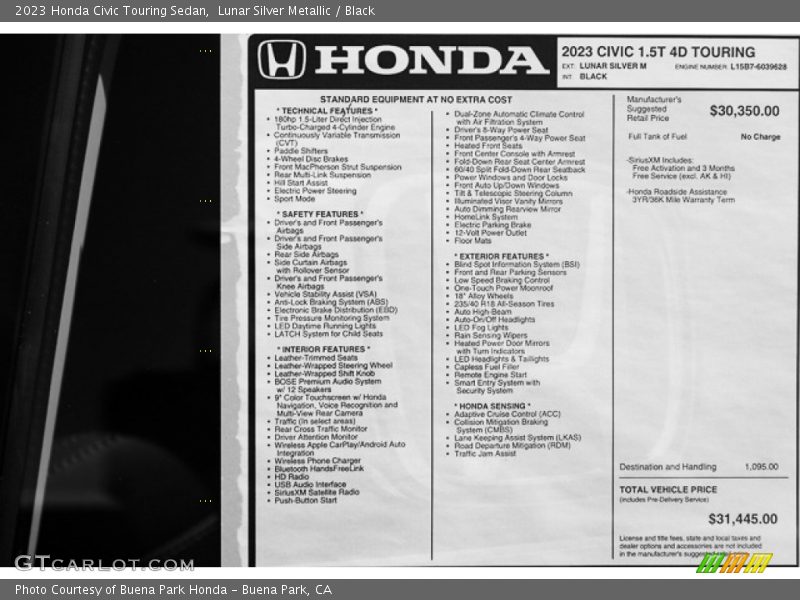  2023 Civic Touring Sedan Window Sticker