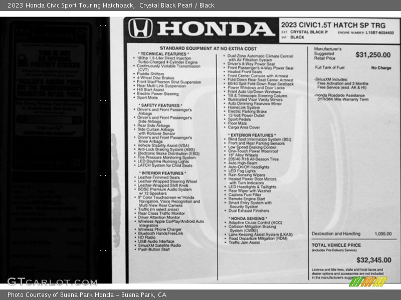  2023 Civic Sport Touring Hatchback Window Sticker