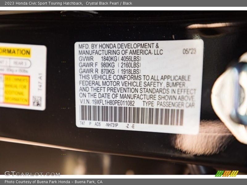 2023 Civic Sport Touring Hatchback Crystal Black Pearl Color Code NH731P