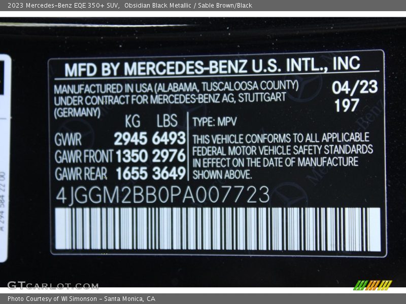 2023 EQE 350+ SUV Obsidian Black Metallic Color Code 197