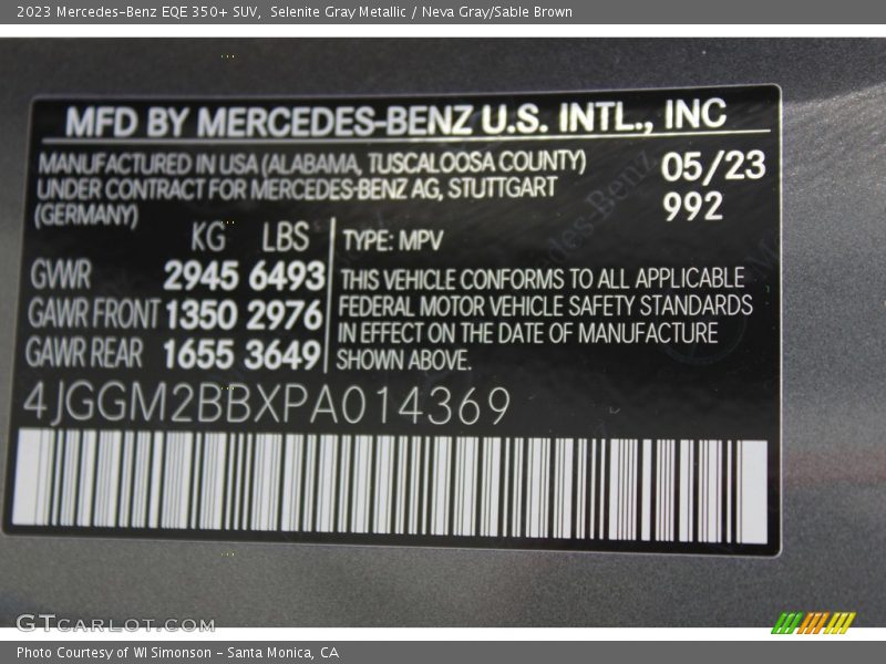 2023 EQE 350+ SUV Selenite Gray Metallic Color Code 992