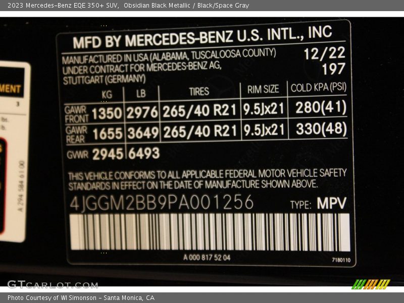 2023 EQE 350+ SUV Obsidian Black Metallic Color Code 197