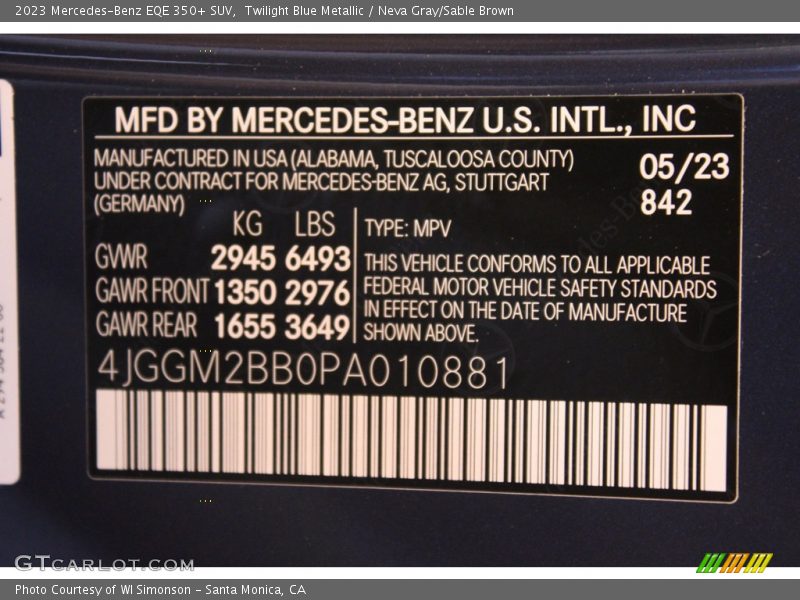 2023 EQE 350+ SUV Twilight Blue Metallic Color Code 842