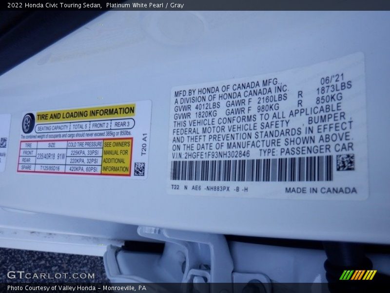 2022 Civic Touring Sedan Platinum White Pearl Color Code NH883PX