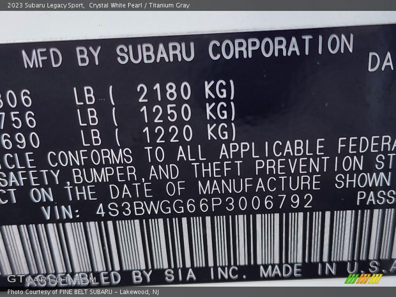 Crystal White Pearl / Titanium Gray 2023 Subaru Legacy Sport