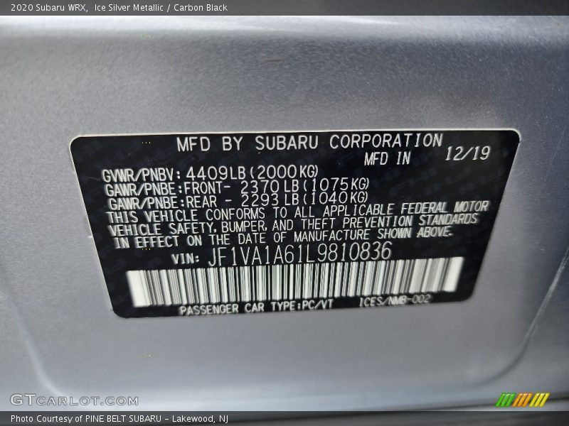 Ice Silver Metallic / Carbon Black 2020 Subaru WRX