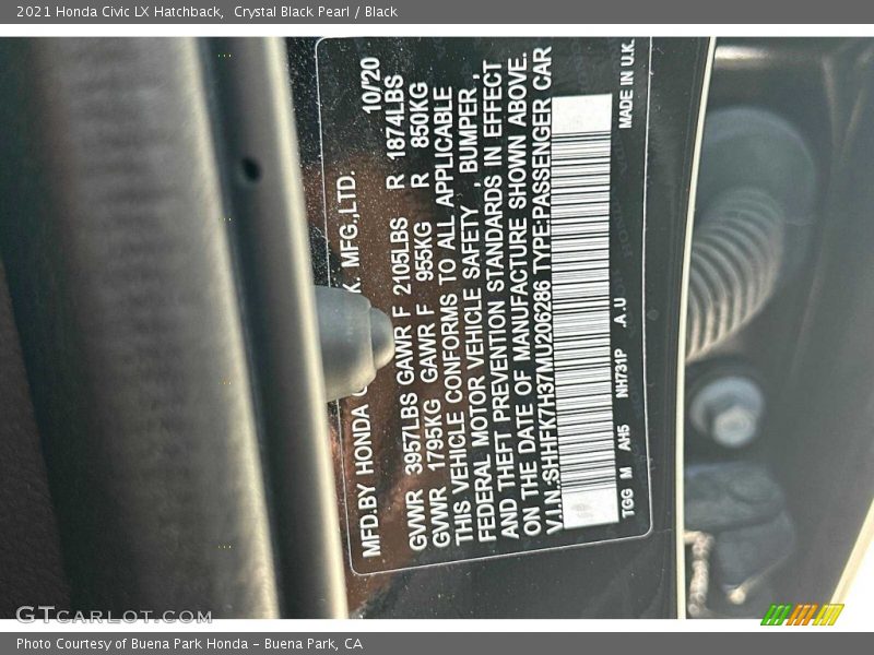 2021 Civic LX Hatchback Crystal Black Pearl Color Code NH731P