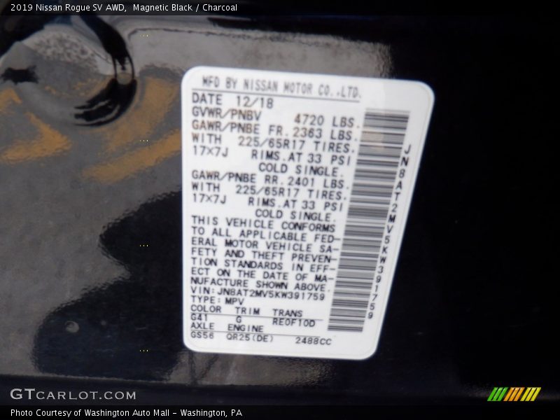 2019 Rogue SV AWD Magnetic Black Color Code G41