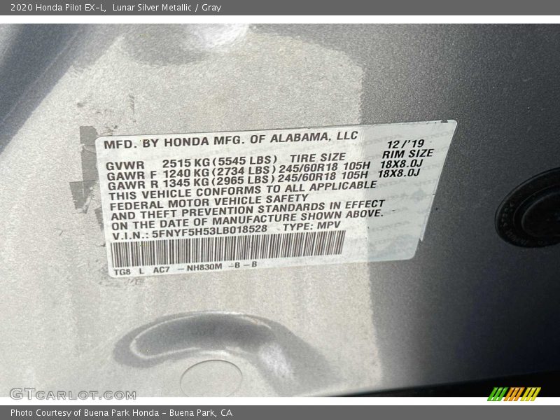 2020 Pilot EX-L Lunar Silver Metallic Color Code NH830M