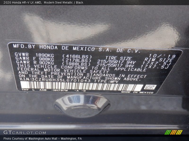Modern Steel Metallic / Black 2020 Honda HR-V LX AWD