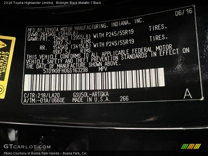2016 Highlander Limited Midnight Black Metallic Color Code 218