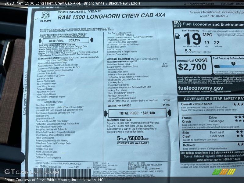  2023 1500 Long Horn Crew Cab 4x4 Window Sticker