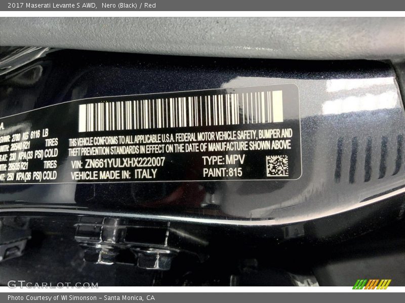 2017 Levante S AWD Nero (Black) Color Code 815