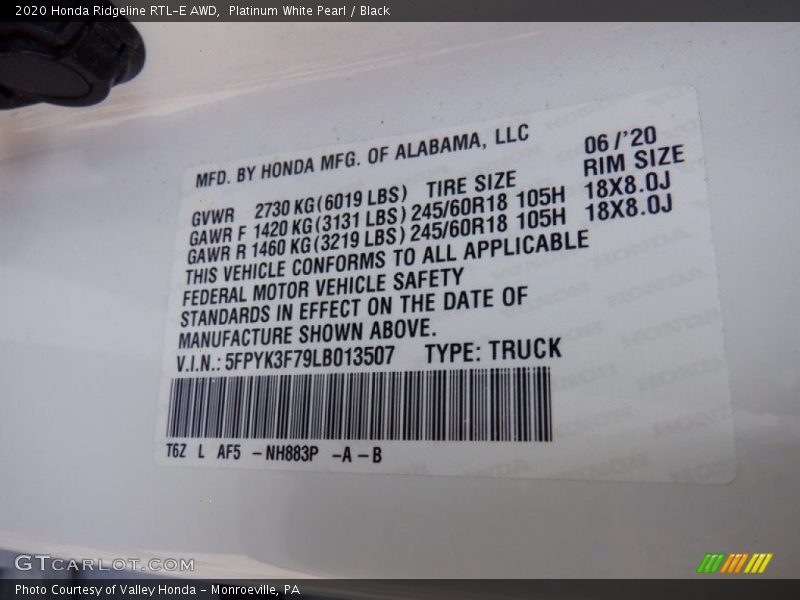 2020 Ridgeline RTL-E AWD Platinum White Pearl Color Code NH883P