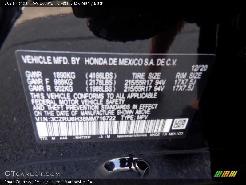 Crystal Black Pearl / Black 2021 Honda HR-V LX AWD