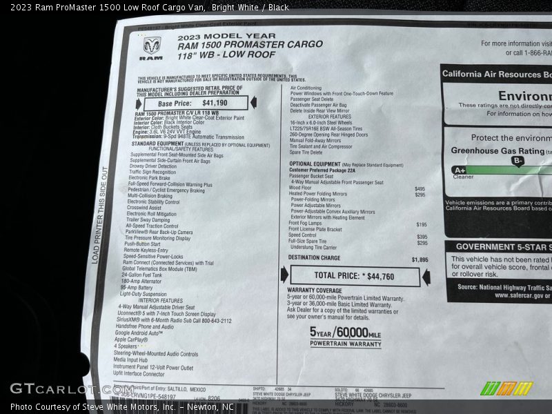  2023 ProMaster 1500 Low Roof Cargo Van Window Sticker