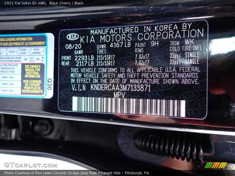 2021 Seltos EX AWD Black Cherry Color Code 9H