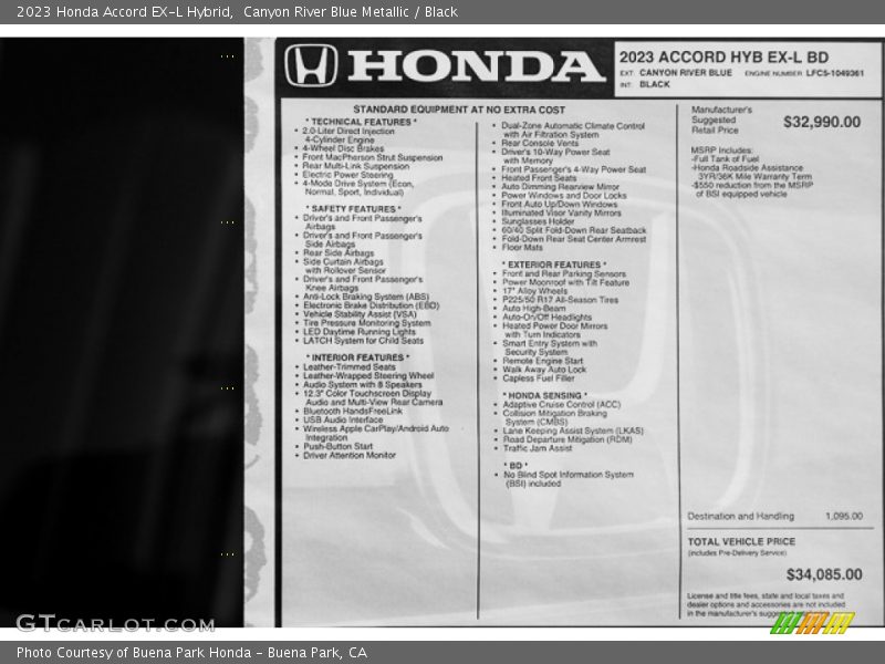  2023 Accord EX-L Hybrid Window Sticker