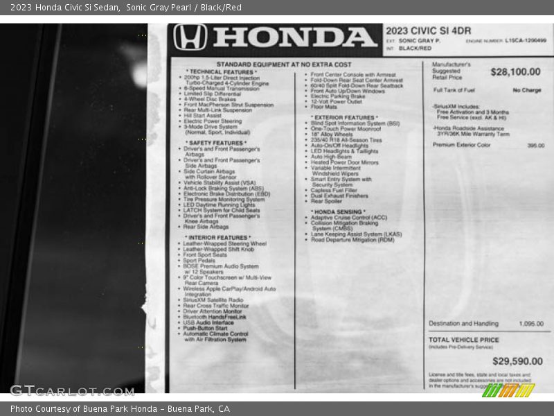 Sonic Gray Pearl / Black/Red 2023 Honda Civic Si Sedan