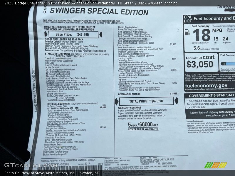  2023 Challenger R/T Scat Pack Swinger Edition Widebody Window Sticker