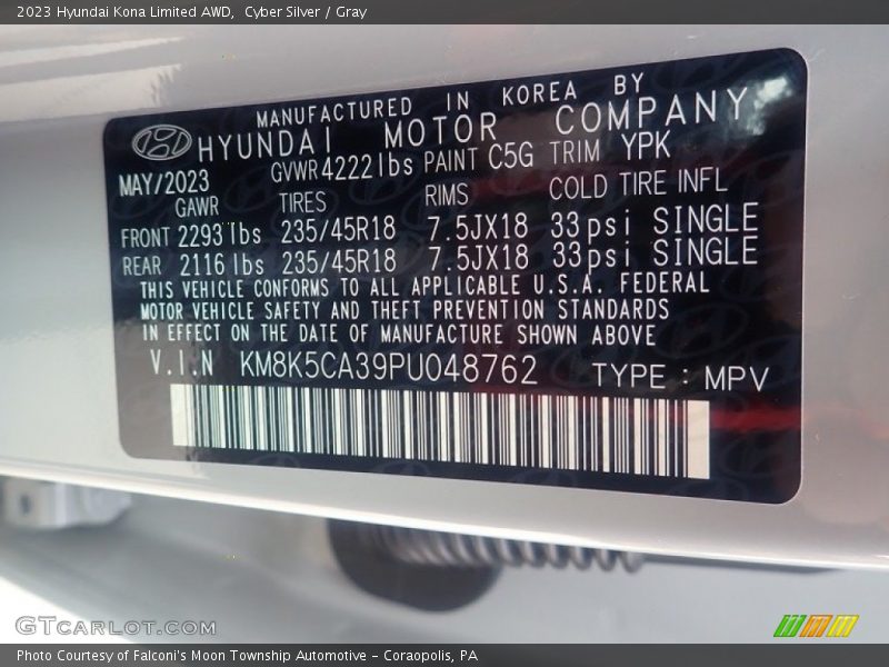 Cyber Silver / Gray 2023 Hyundai Kona Limited AWD