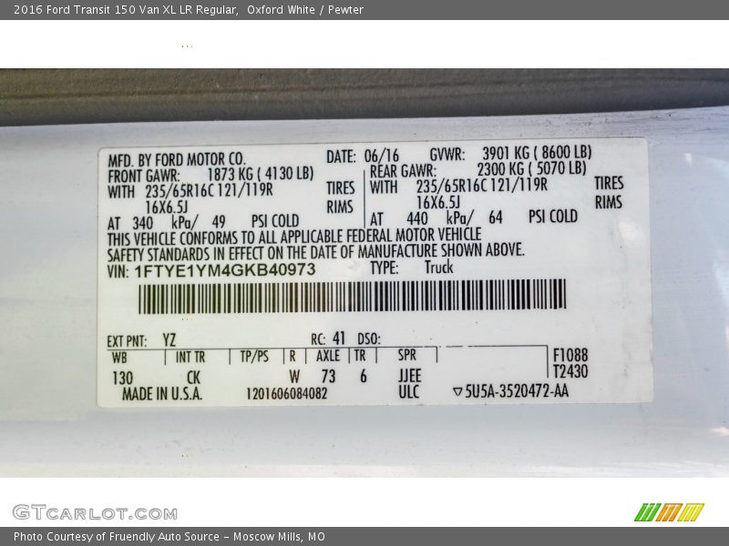 Oxford White / Pewter 2016 Ford Transit 150 Van XL LR Regular