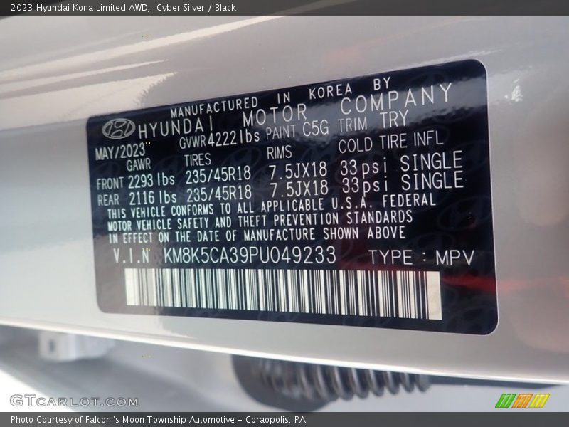 Cyber Silver / Black 2023 Hyundai Kona Limited AWD