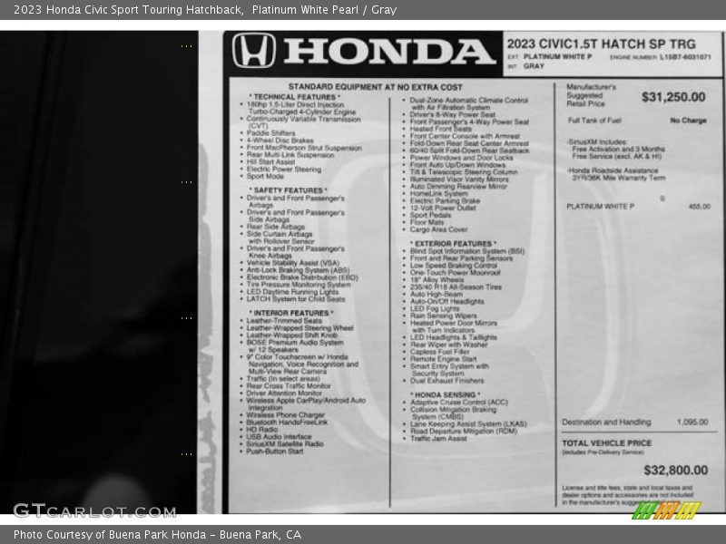 Platinum White Pearl / Gray 2023 Honda Civic Sport Touring Hatchback