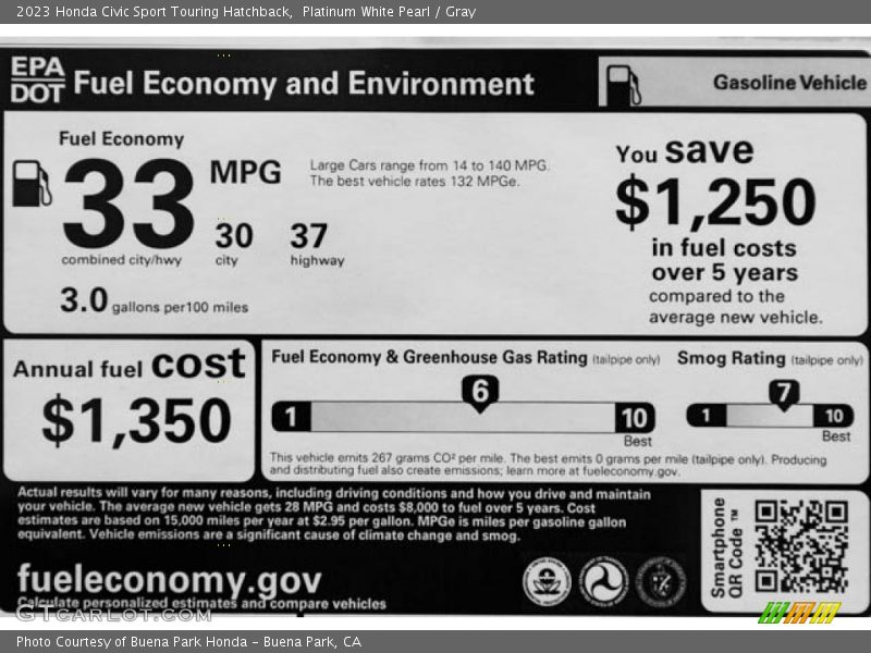 Platinum White Pearl / Gray 2023 Honda Civic Sport Touring Hatchback