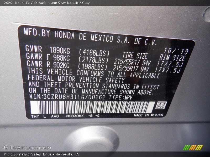 2020 HR-V LX AWD Lunar Silver Metallic Color Code NH830MX