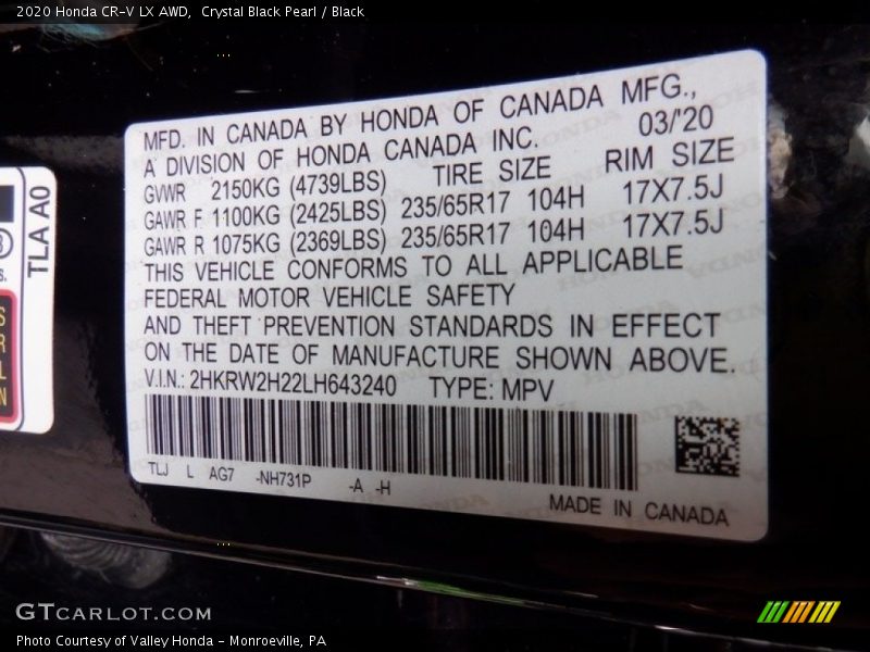 2020 CR-V LX AWD Crystal Black Pearl Color Code NH731P